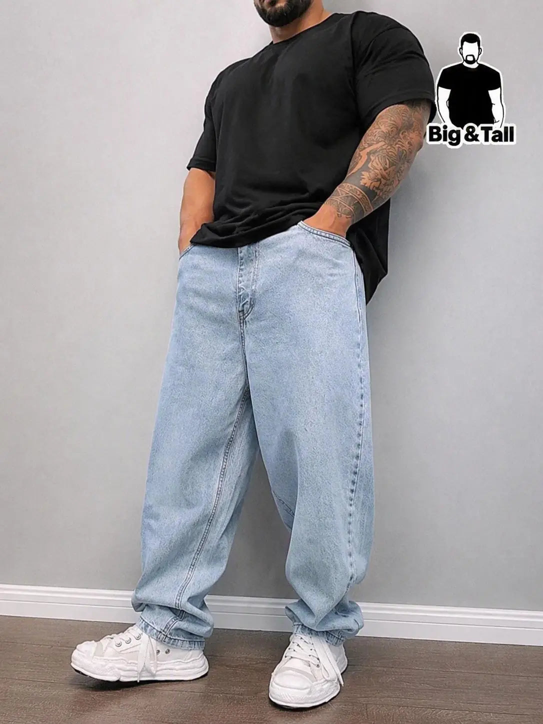 Men's Loose Baggy Straight Leg Design Vintage Washed Denim Light Blue Wide Leg Jeans, Plus Size Friendly, Oversize, Comfortable Casual Pants for All Seasons