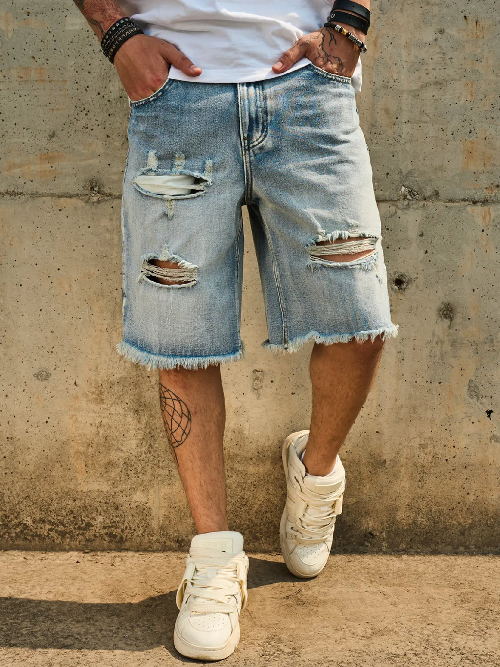 New Men’s Vintage Distressed Ripped Baggy Denim Shorts Streetwear Male Stylish Blue Holes Loose Straight Denim Five-point Pants Menswear Deals For You Days