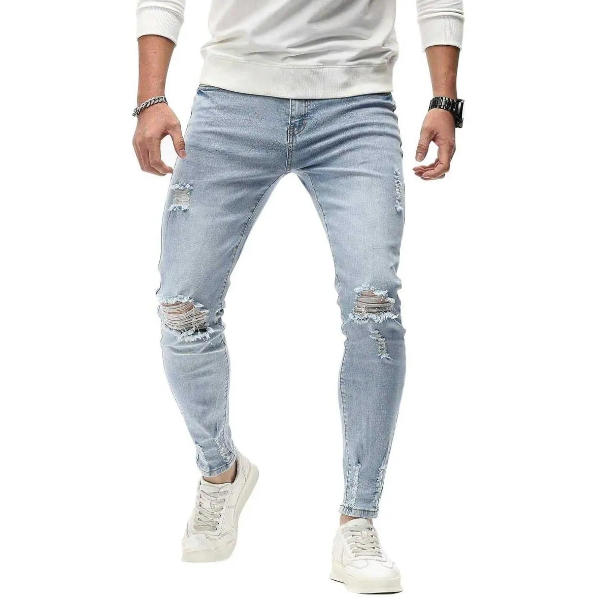 HUNGSON Men's Ripped Slim Denim Jeans - Soft Polyester-Cotton Fabric, Stretchy Skinny Fit, Breathable Distressed, Streetwear Plain Menswear Bottoms, Motocross Trousers (Denim Men's Ripped Jeans), Denim Men's Jeans sohochic