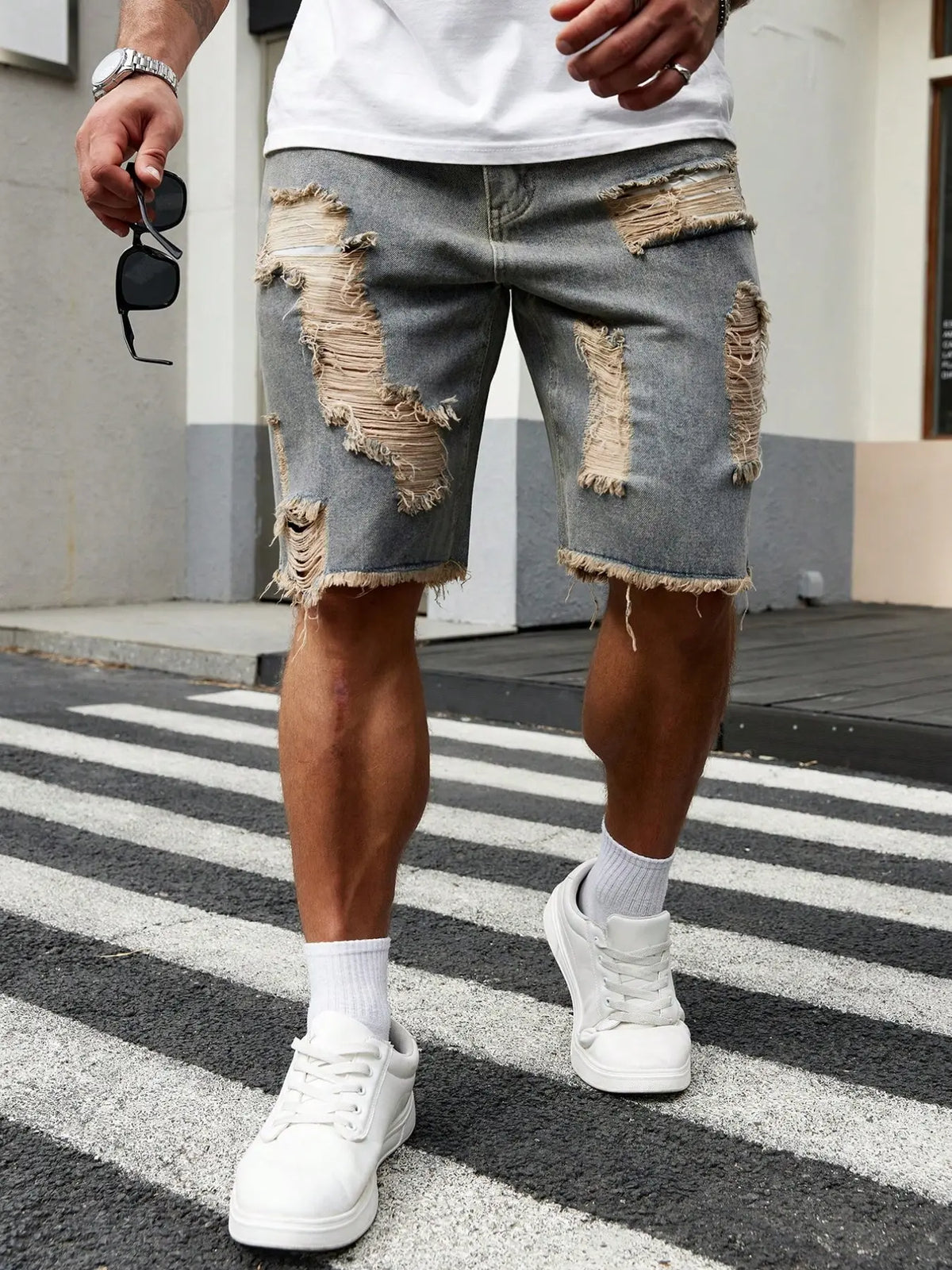 Men's Plain Ripped Distressed Frayed Hem Denim Shorts, Loose-Fit Menswear Streetwear for All Seasons, Perfect for Casual Outings, Commute & Vacation, Emo Aesthetic Style