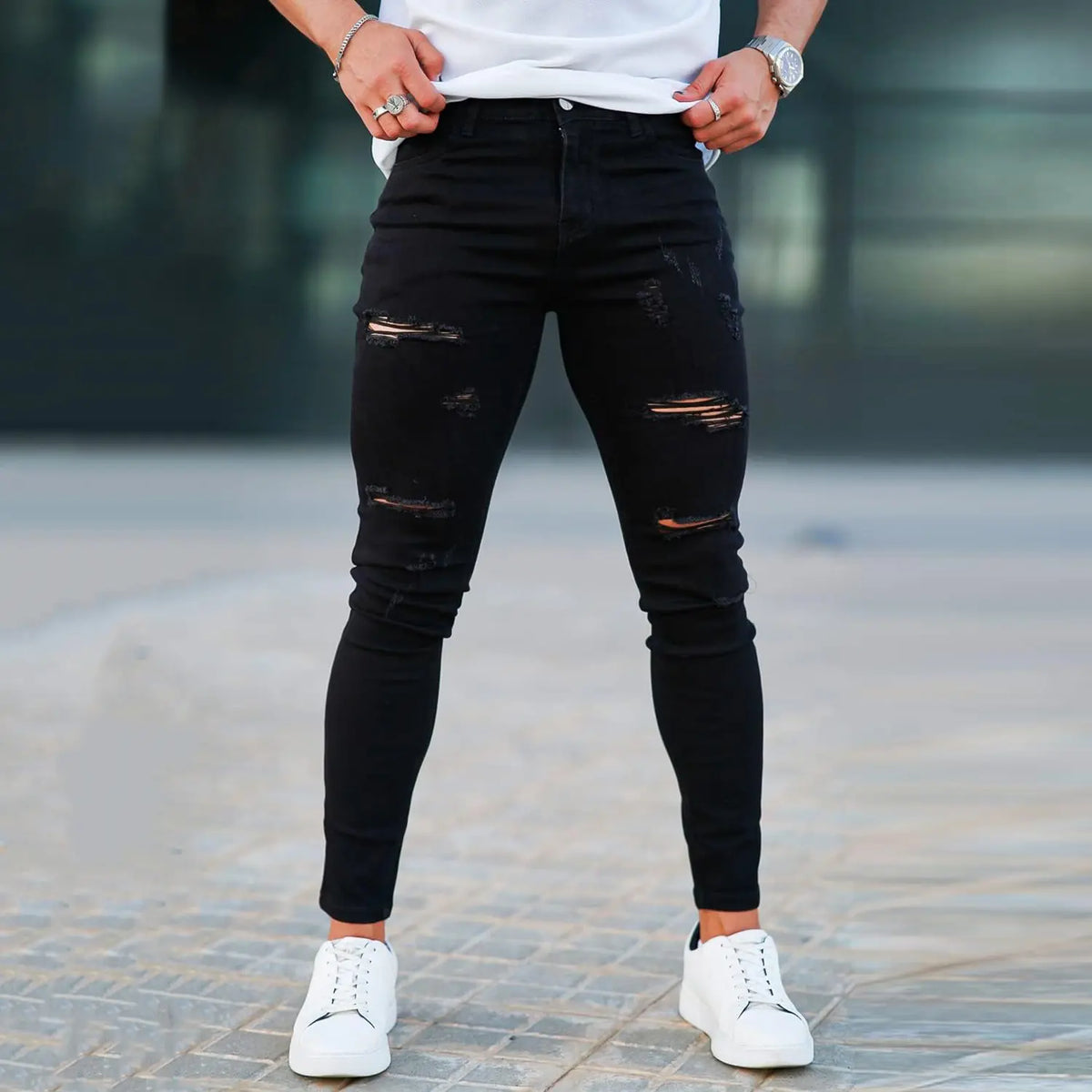 GINGTTO Men's Ripped Skinny Jeans Stretch Slim Fit Tapered Leg Denim Pants