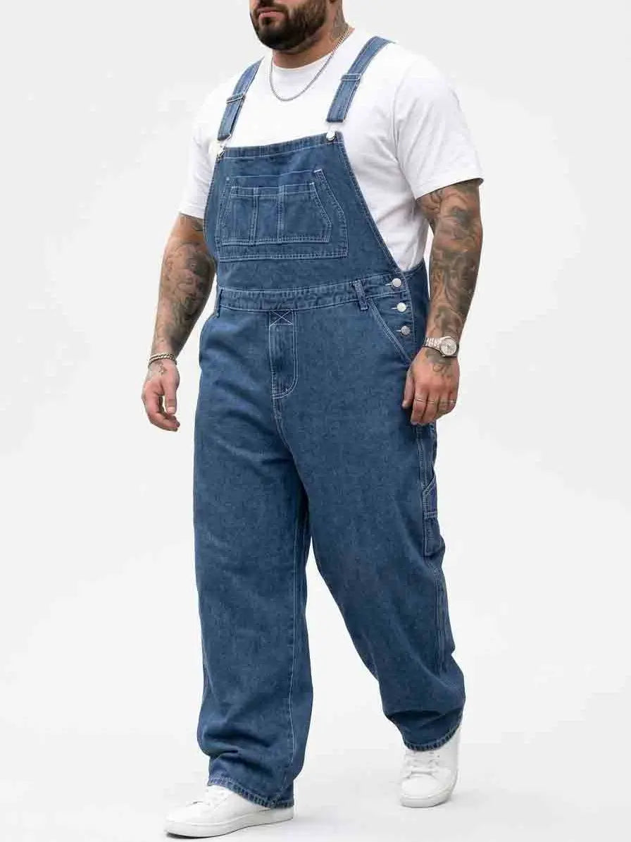 Men's Big & Tall Solid Heavy-Duty Denim Bib Overalls - Menswear Baggy Overalls, Loose-Fit Full Length Straight Leg Workwear Jumpsuit, Adjustable Strap, Multi Pockets, All Seasons, Machine Wash, Work Casual Plain Denim Do Not Bleach