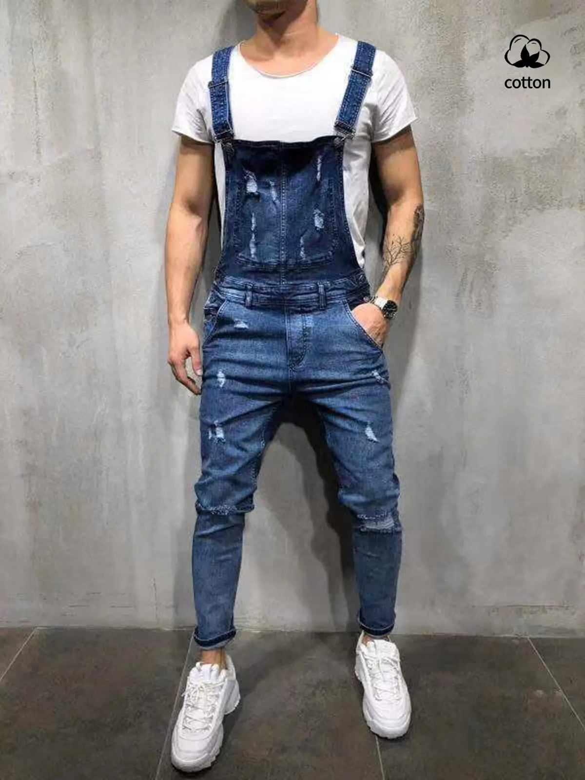 Men's Vintage Aesthetic Classic Denim Overalls with Pockets, Fitted Blue Jumpsuit, Casual Versatile Distressed Design, Perfect for Urban Style, Parties, Streetwear, Menswear Natural, Denim Bib Coveralls