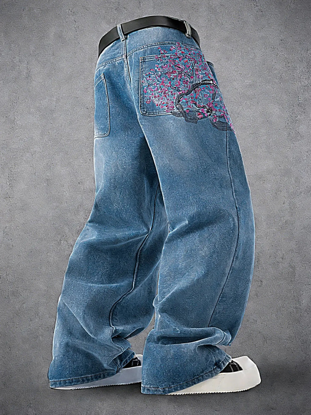 Men's Vintage Y2K Style Loose Wide Leg Jeans, Cherry Blossom Floral Embroidery, Pocket embroidery is not available, Street Fashion, Streetwear, Hip Hop Boyfriend Pants, All Seasons