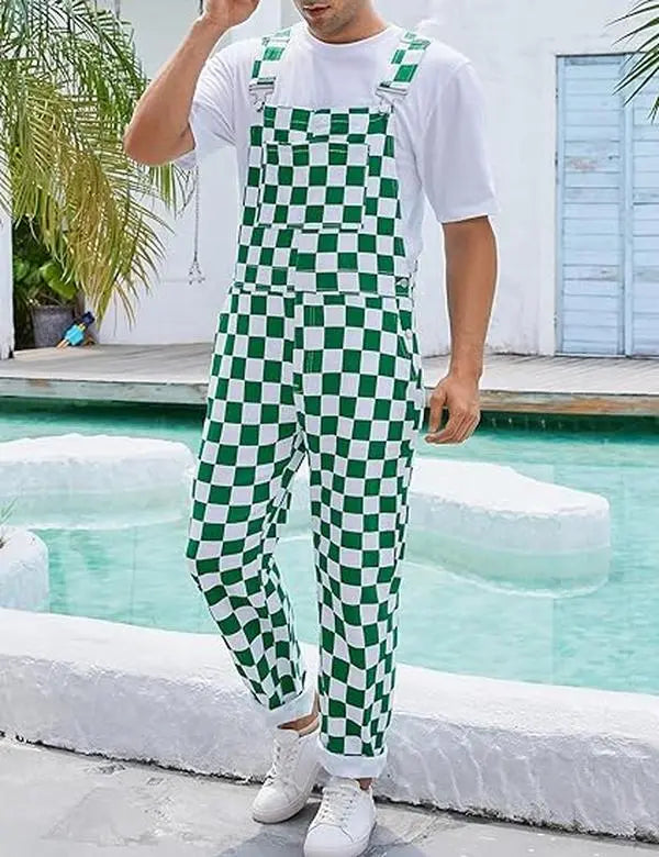 YUANBANG Men's Stretch Denim Overalls, St. Patrick's Day Coveralls, Green Checkered Bibs Workwear, Stylish Menswear with Zipper Closure