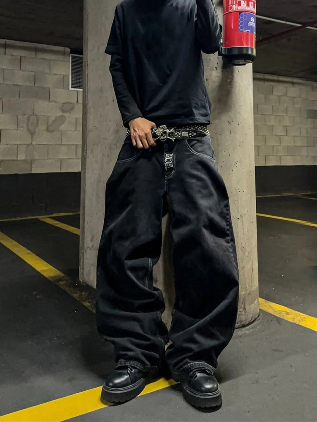 Y2K Street Hip-Hop Loose Fit Jeans, Fake Pocket Design Men's Denim Jeans, Skull Embroidered Winter Casual Trousers, Loose Denim Pockets, Halloween Gift, Jeans Bottoms