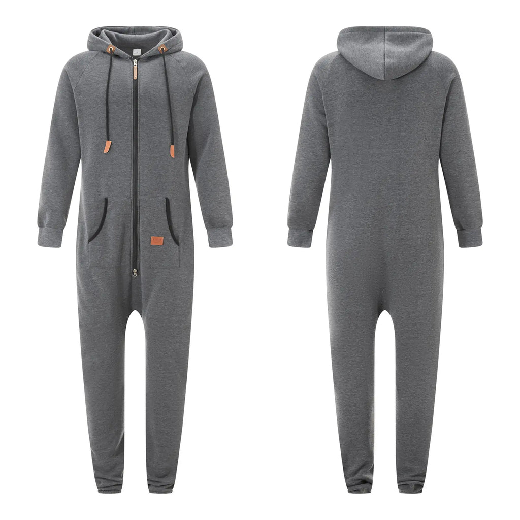 Men's Fleece-Lined Jumpsuit - Hooded Long Sleeve Full-Zip Overalls with Kangaroo Pockets| Winter Workwear, Thermal Coverall, Outdoor Work Suit, Heavy Duty Overalls, Cold Weather Gear