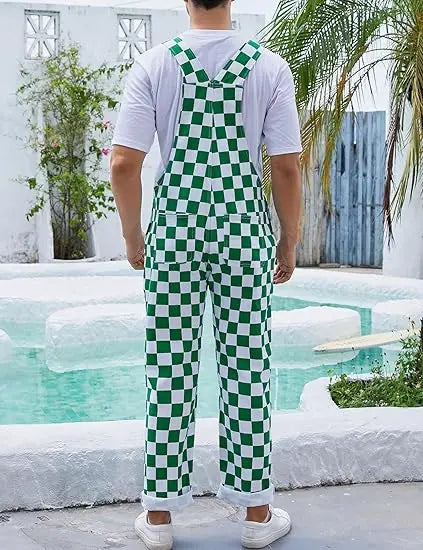 YUANBANG Men's Stretch Denim Overalls, St. Patrick's Day Coveralls, Green Checkered Bibs Workwear, Stylish Menswear with Zipper Closure