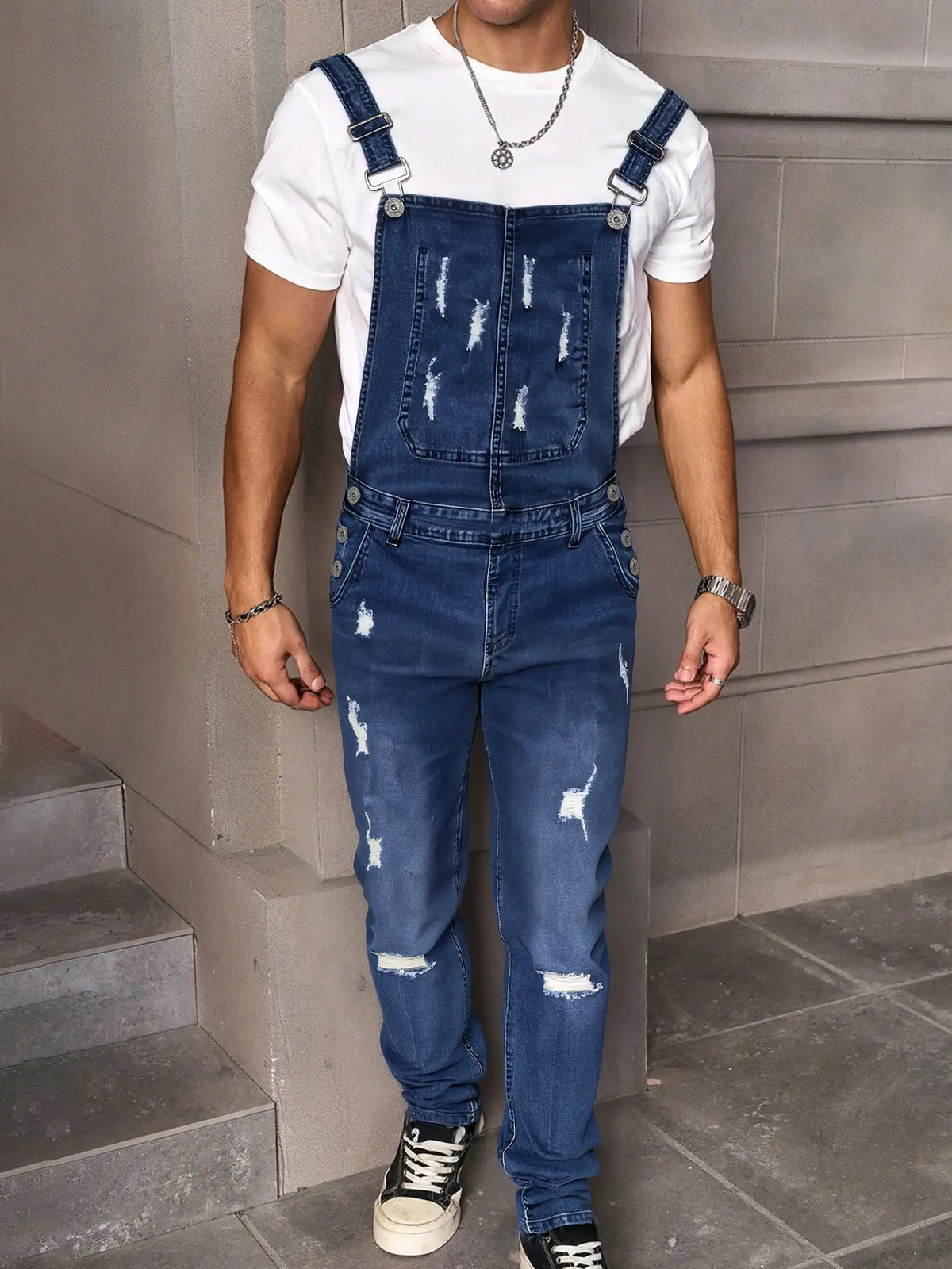 Men's Versatile Casual Ripped Denim Overalls, Button Front with Pockets, Fashionable Daily Wear, Comfortable and Practical, All Seasons