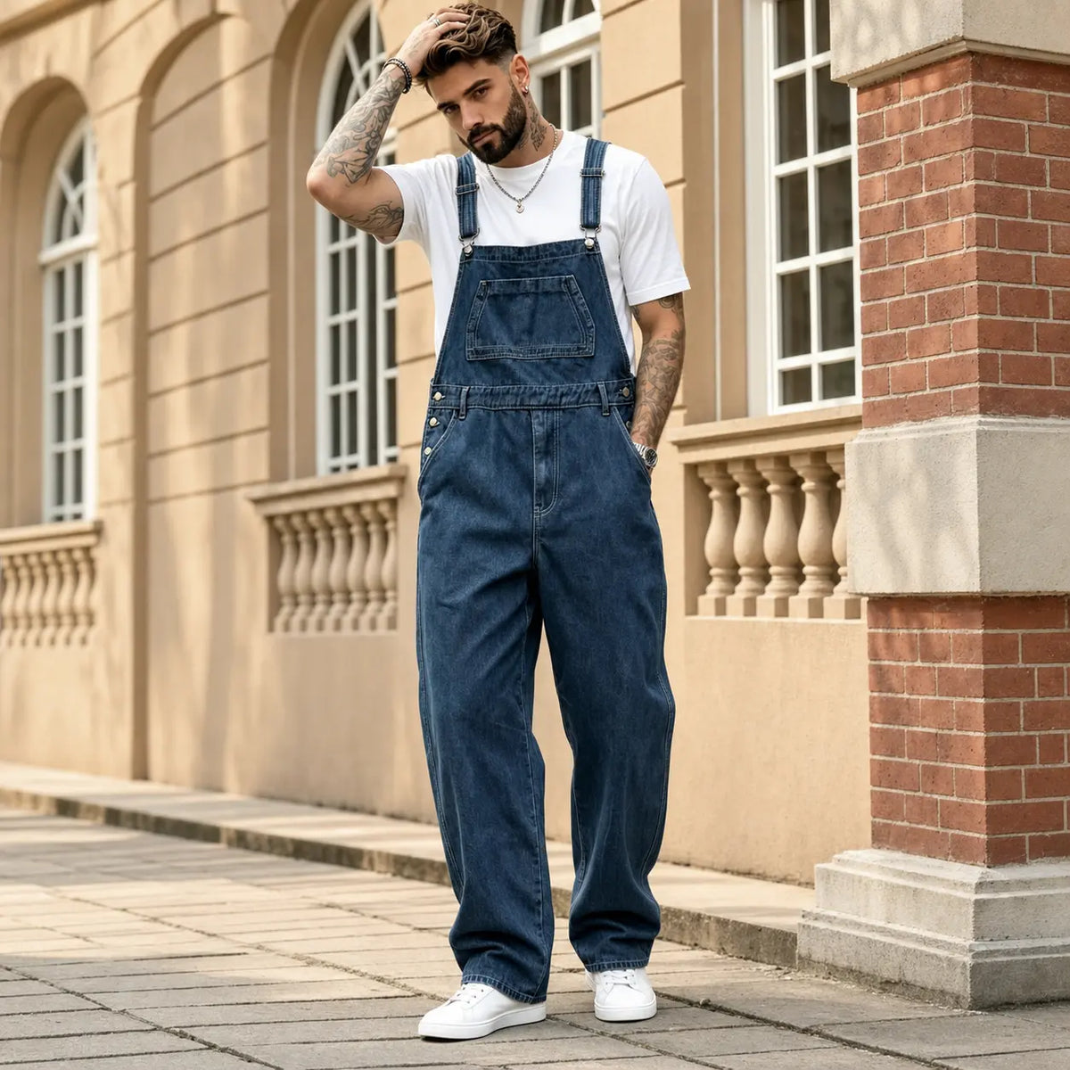 Men's Medium Wash Cotton Denim Overalls - Adjustable Tie Cargo Straps, Retro Slouchy Baggy Loose-Fit, Classic Utility Workwear, Machine Washable All-Seasons Outdoor Menswear, Plain Polyester Fabric Cargo Pants