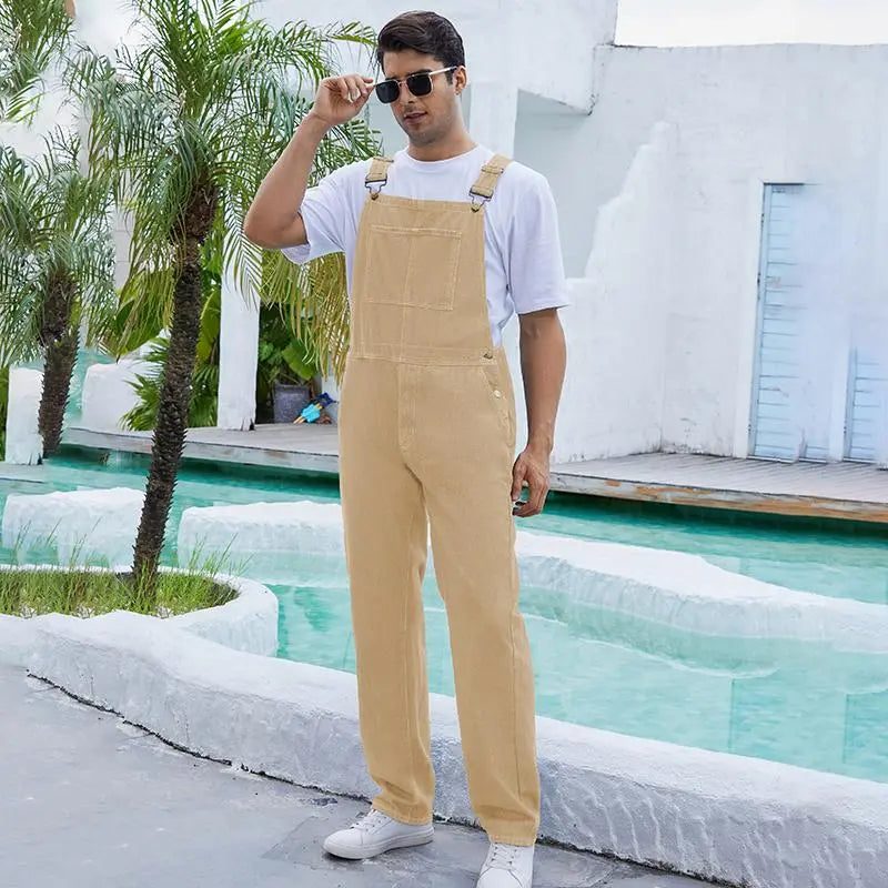 YUANBANG Men's Basic Denim Overalls Adjustable Straps Jumpsuit Fall Winter Fashion Comfort Sleeveless Pocket Menswear Bibs Workwear Coveralls with Zipper Solid Color Strappy One-Piece Outfits