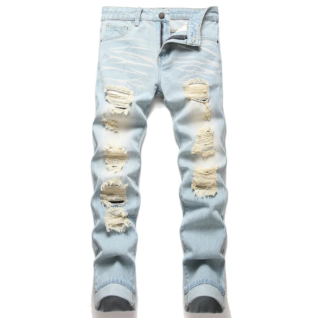 Men's Classic Cotton Distressed Retro Foldable Straight Leg Denim Jeans - 4-Season Comfortable Casual Bottoms with Zipper, Durable Fabric, Pockets, Embroidery, Buttons, Ideal for Retro Street, Halloween, Thanksgiving, Easter, Valentine's Day