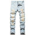 Men's Classic Cotton Distressed Retro Foldable Straight Leg Denim Jeans - 4-Season Comfortable Casual Bottoms with Zipper, Durable Fabric, Pockets, Embroidery, Buttons, Ideal for Retro Street, Halloween, Thanksgiving, Easter, Valentine's Day