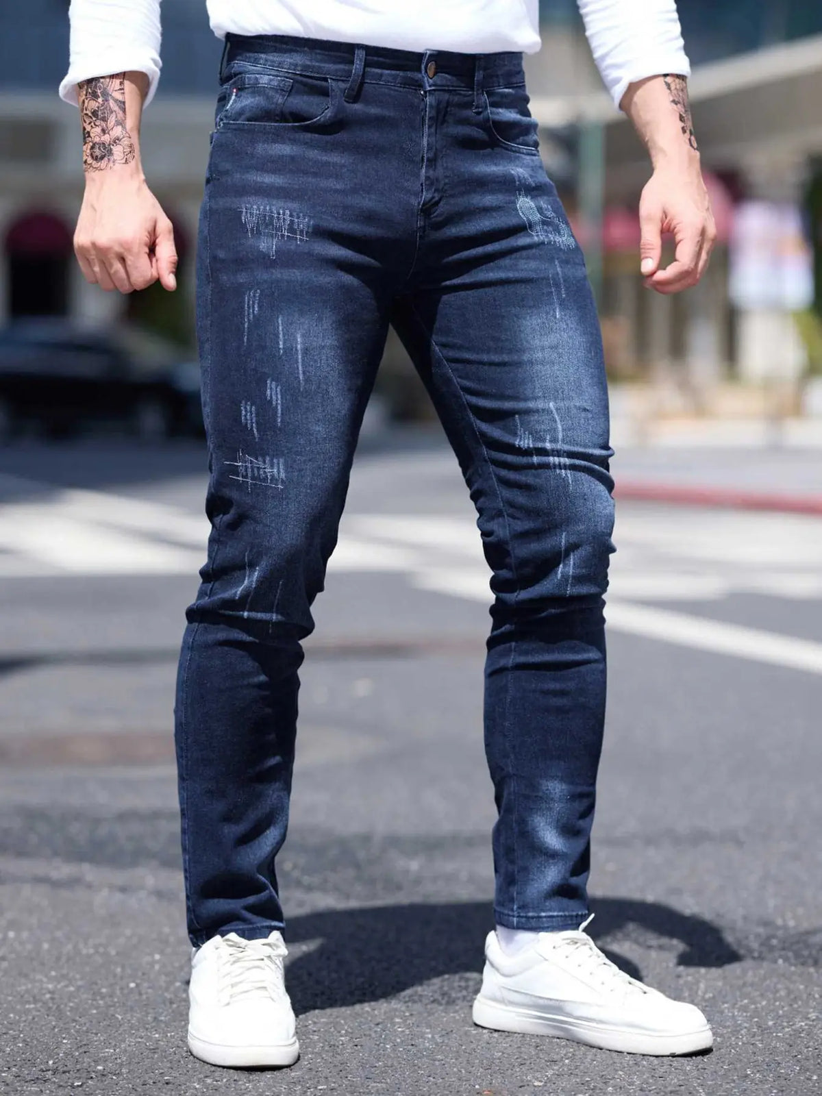 Men's Blue Casual Plain Denim Jeans Pockets, Slim Fit Straight Leg Korean Style Classic Streetwear, Elastic Casual Long Pants for All Seasons, 2026 Fashion Casual Jeans Menswear