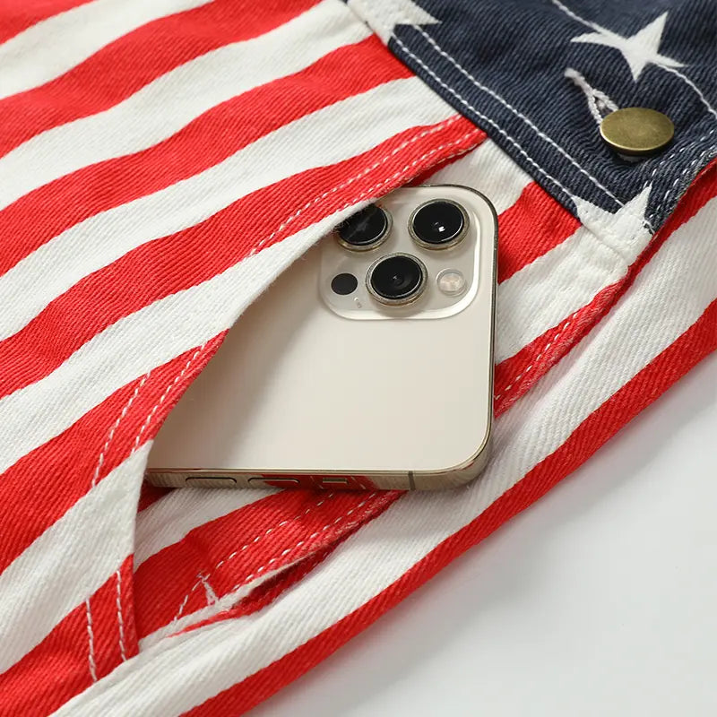 Bindefon 4th of July Denim Overalls with Printed American Flag Coveralls with Bibs for Men Menswear