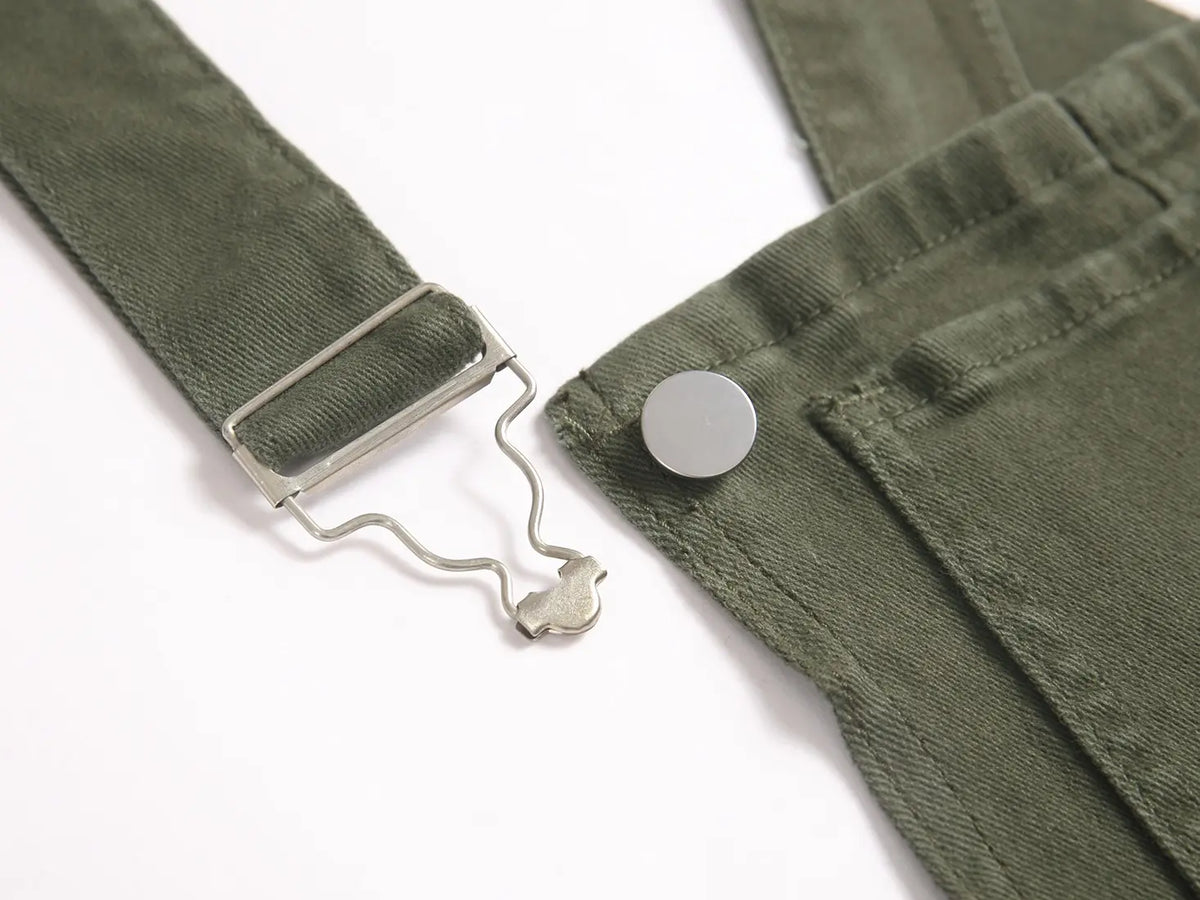 Men's Chic Solid Plain Military Green Cargo Pants - Adjustable Straps, Durable Fabric, Loose Straight-Leg, Year-Round Outdoor Casual Long Menswear Bottoms with Suspender Buttons, Multi-Size