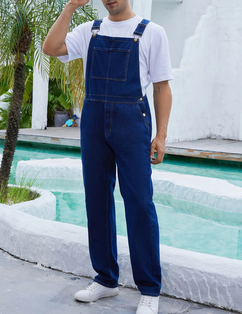 YUANBANG Men's Basic Denim Overalls Adjustable Straps Jumpsuit Fall Winter Fashion Comfort Sleeveless Pocket Menswear Bibs Workwear Coveralls with Zipper Solid Color Strappy One-Piece Outfits