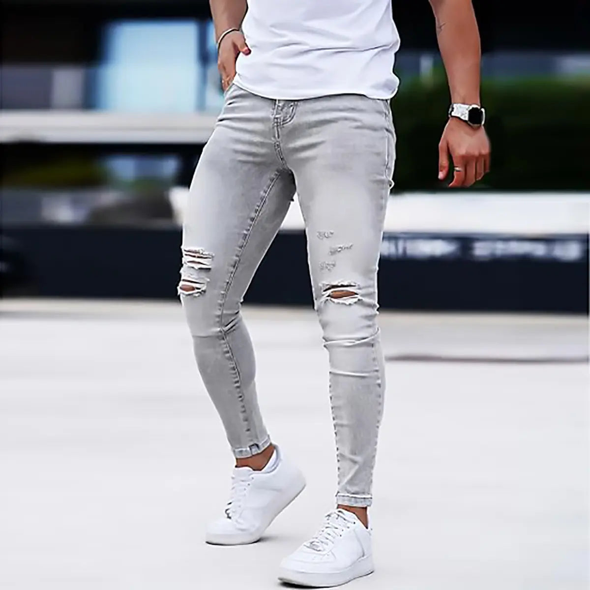 GINGTTO Men's Ripped Skinny Jeans Stretch Slim Fit Tapered Leg Denim Pants