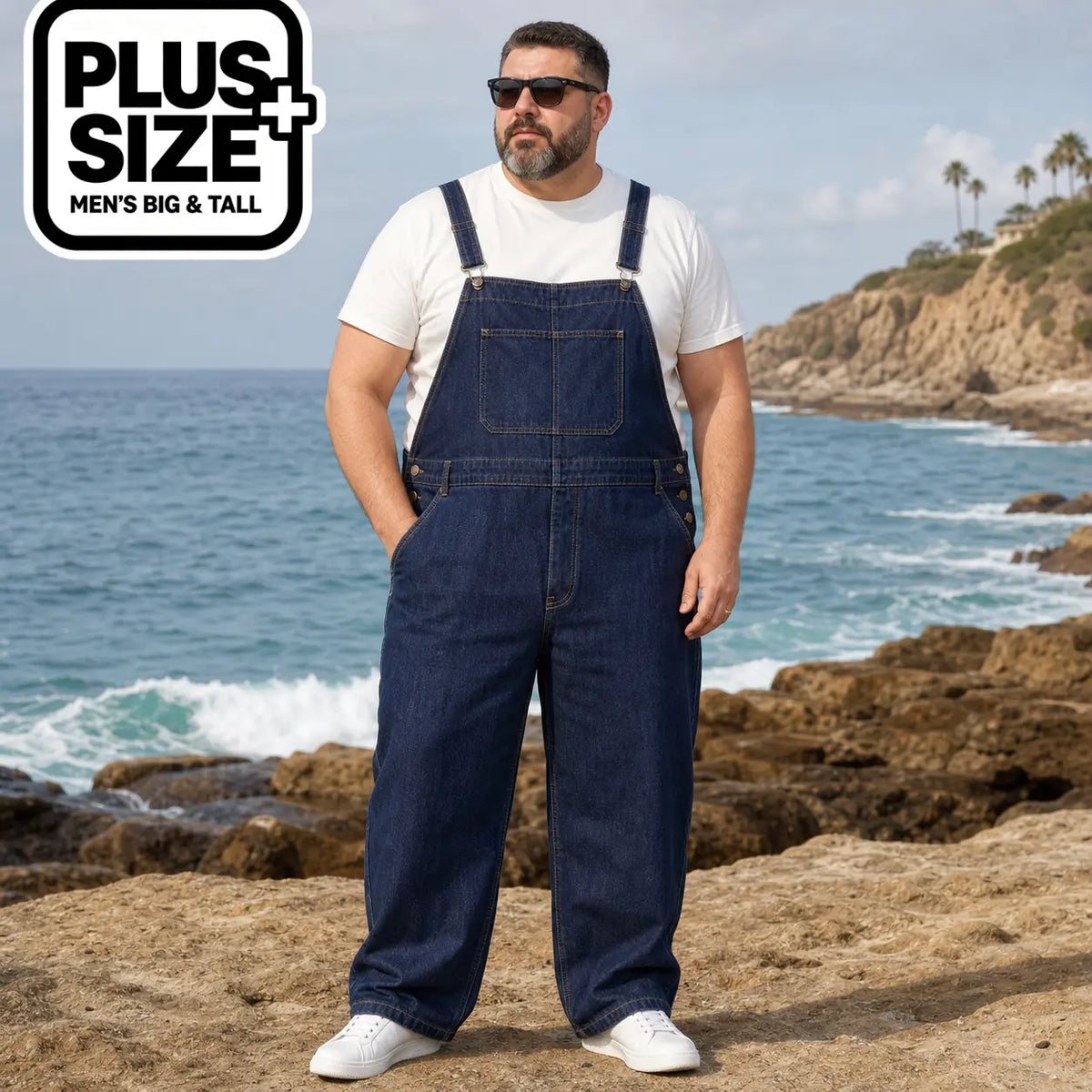 Men's Big & Tall Cotton-Polyester Plain Denim Overalls - Casual Menswear Loose-Fit Streetwear Jumpsuit, Cargo Pants, Adjustable Straps, Lace-Up, Vintage All-Season Workwear, Plus Size 1XL-6XL