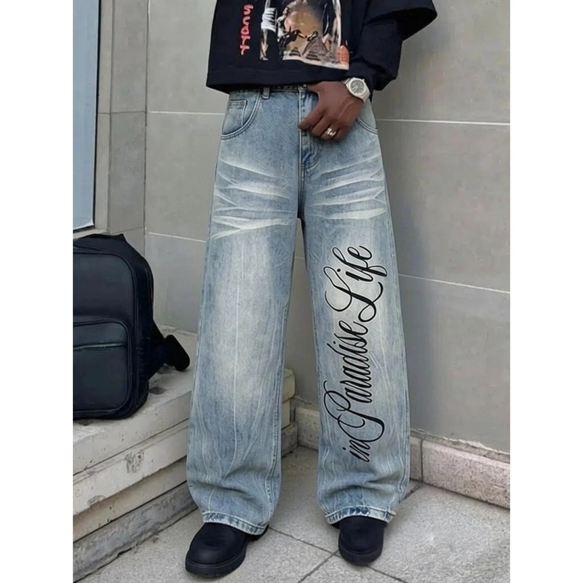Men's High Cotton Vintage Washed Wide Leg Jeans, Large Cursive Paradise in Life Letter Print Distressed Baggy Denim Pants, Y2K Hip Hop Streetwear Loose Fit Casual Everyday Denim Trousers for Men