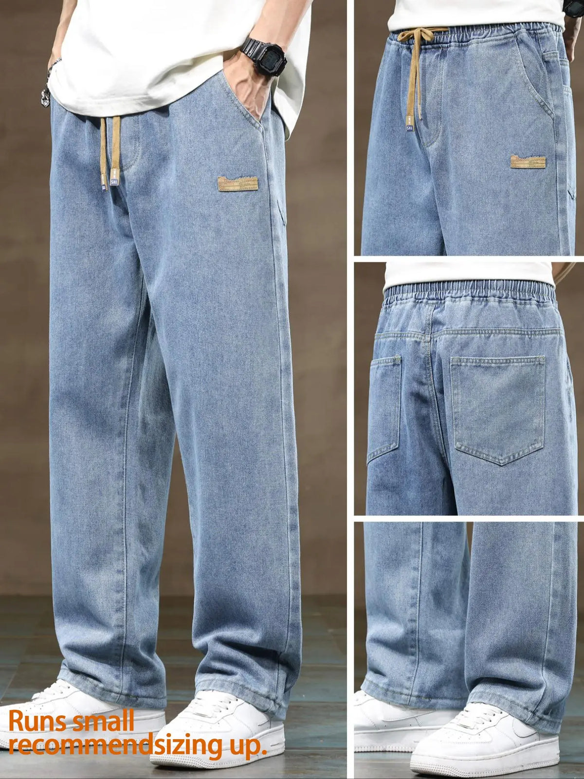 Men's drawstring elastic waist straight leg Pocket jeans solid color casual versatile non stretch denim pants, fit straight leg version, suitable for all seasons