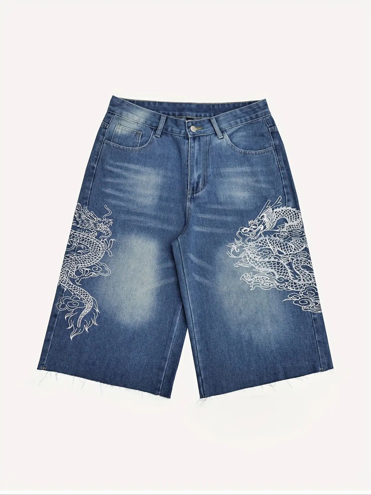 Men's Dragon Embroidery Pocket Frayed Loose Denim Shorts, High Street Trendy Streetwear Casual Straight-Leg Relaxed Fit, Comfortable Everyday Wear