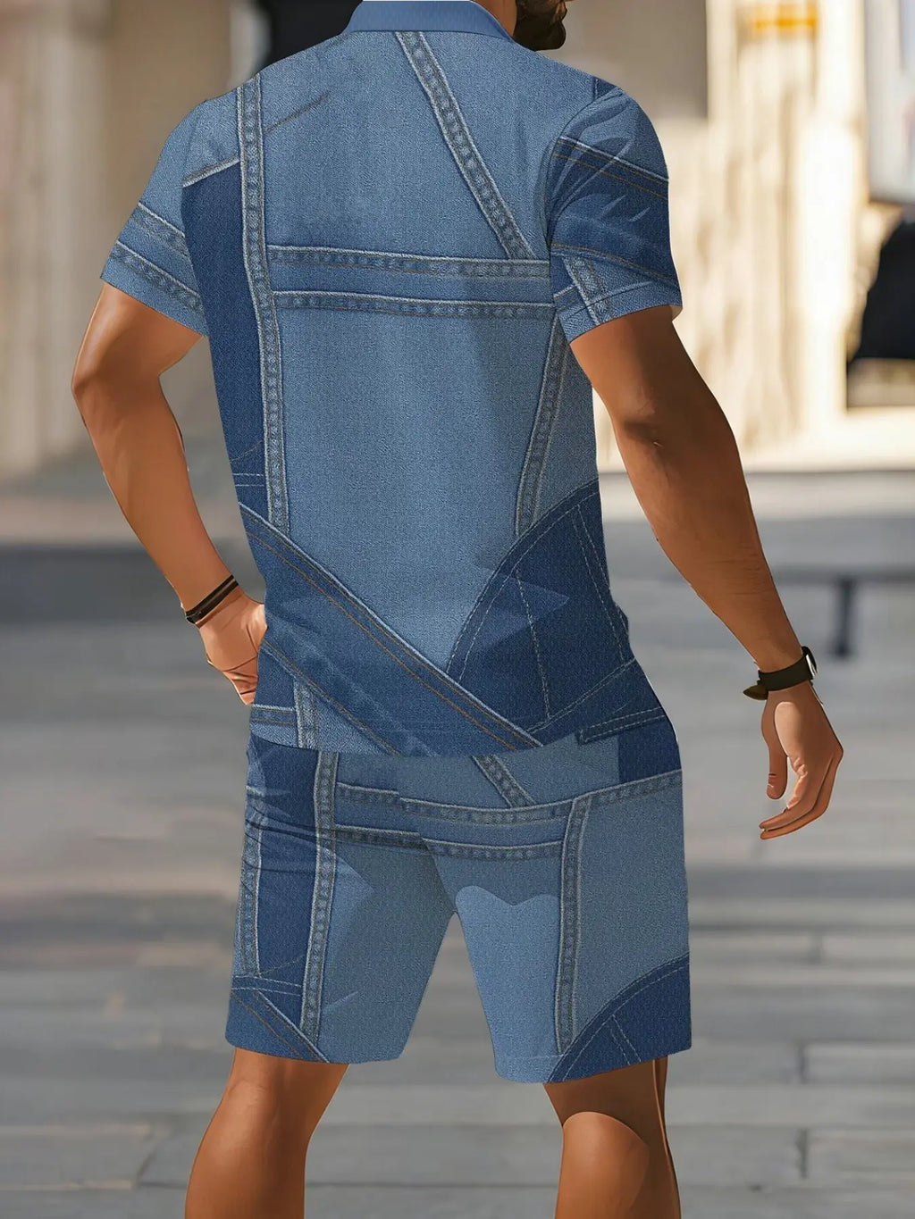 Men's Patchwork Romper, Casual Workwear Style, Summer New Arrival, Short Sleeve Romper, Trendy Fashion, Above Knee Hem, Fitted Design