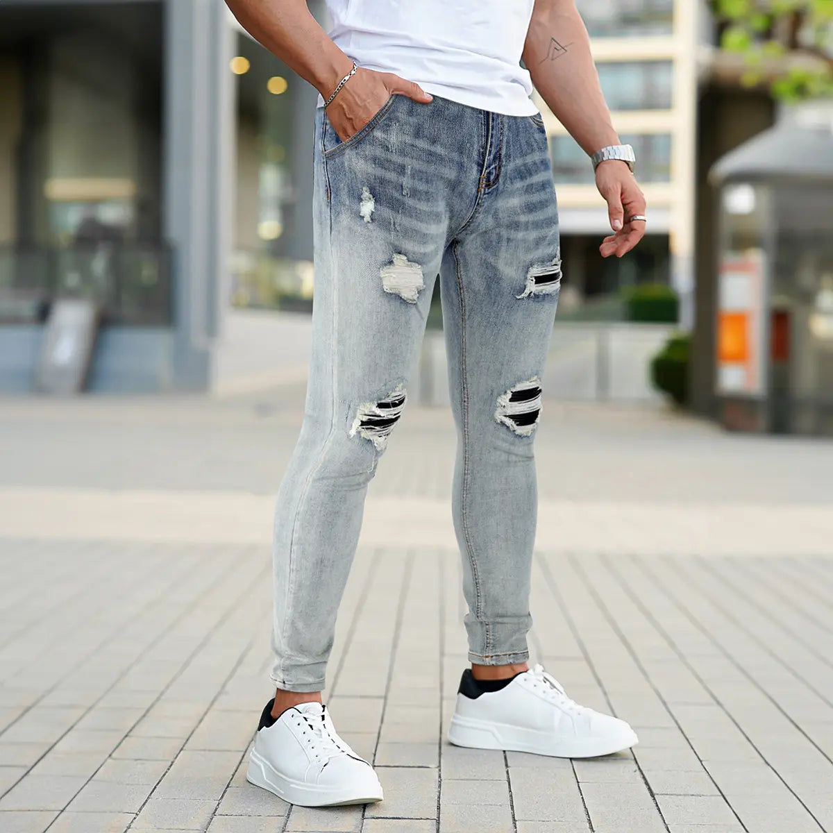 GINGTTO Men's Ripped Skinny Jeans Slim Fit Distressed Denim Pants Fashion Comfort Tapered Leg