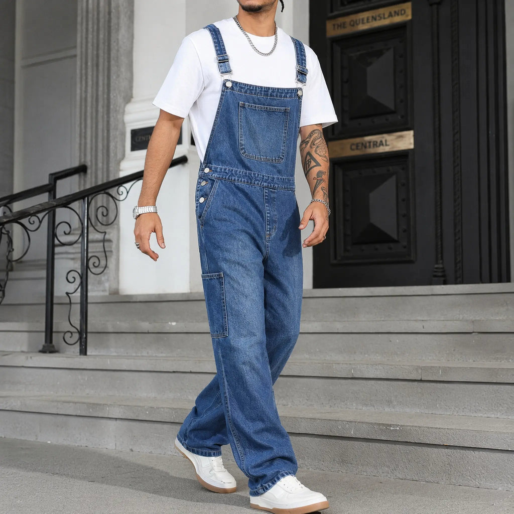 Men's Rigid Cotton Baggy Denim Overalls - Vintage Mid-Wash Blue Wide Leg Dungarees with Bib Hardware, Bib Pocket, Buckle, Utility Drape Jumpsuit for Summer Casual Workwear