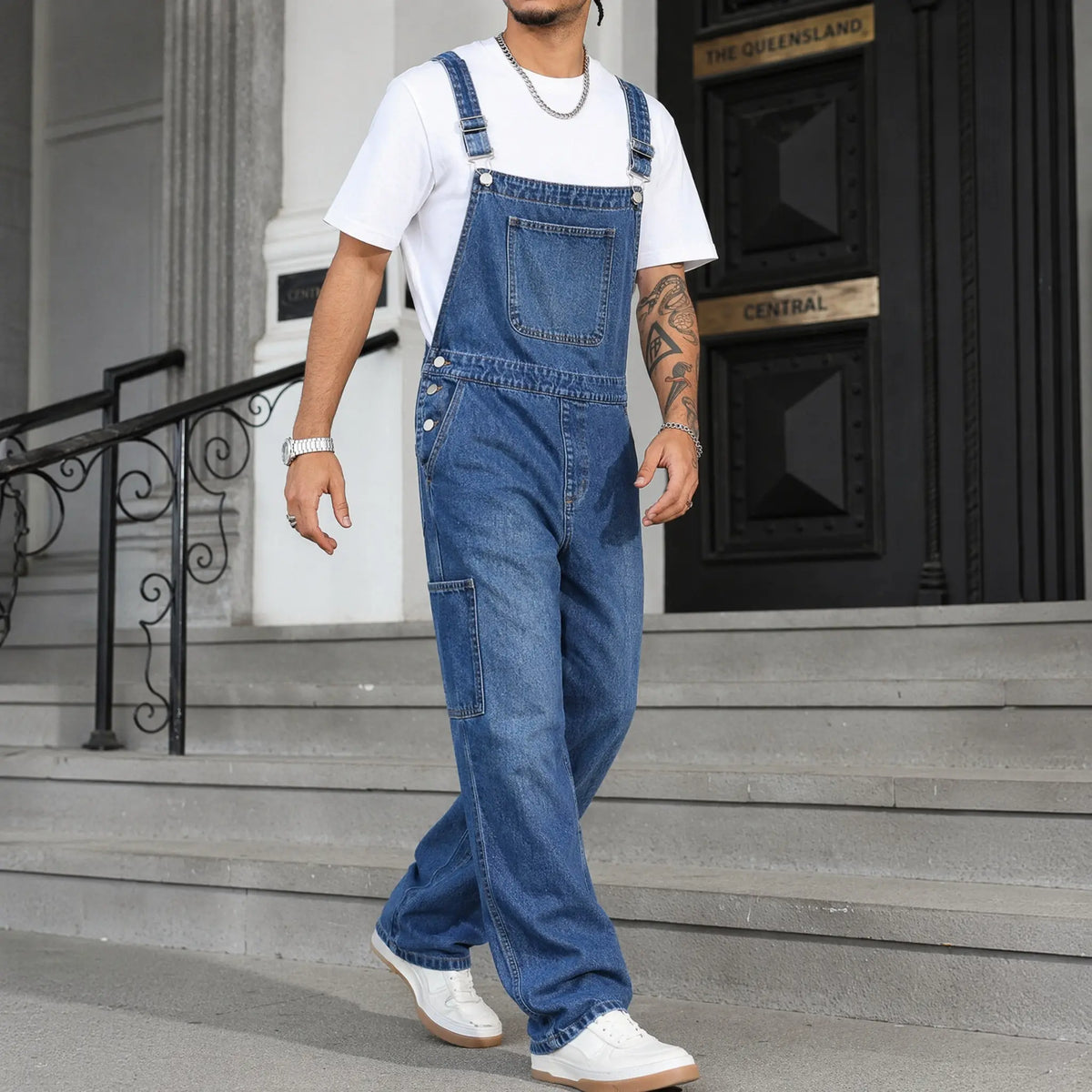 Men's Rigid Cotton Baggy Denim Overalls - Vintage Mid-Wash Blue Wide Leg Dungarees with Bib Hardware, Bib Pocket, Buckle, Utility Drape Jumpsuit for Summer Casual Workwear