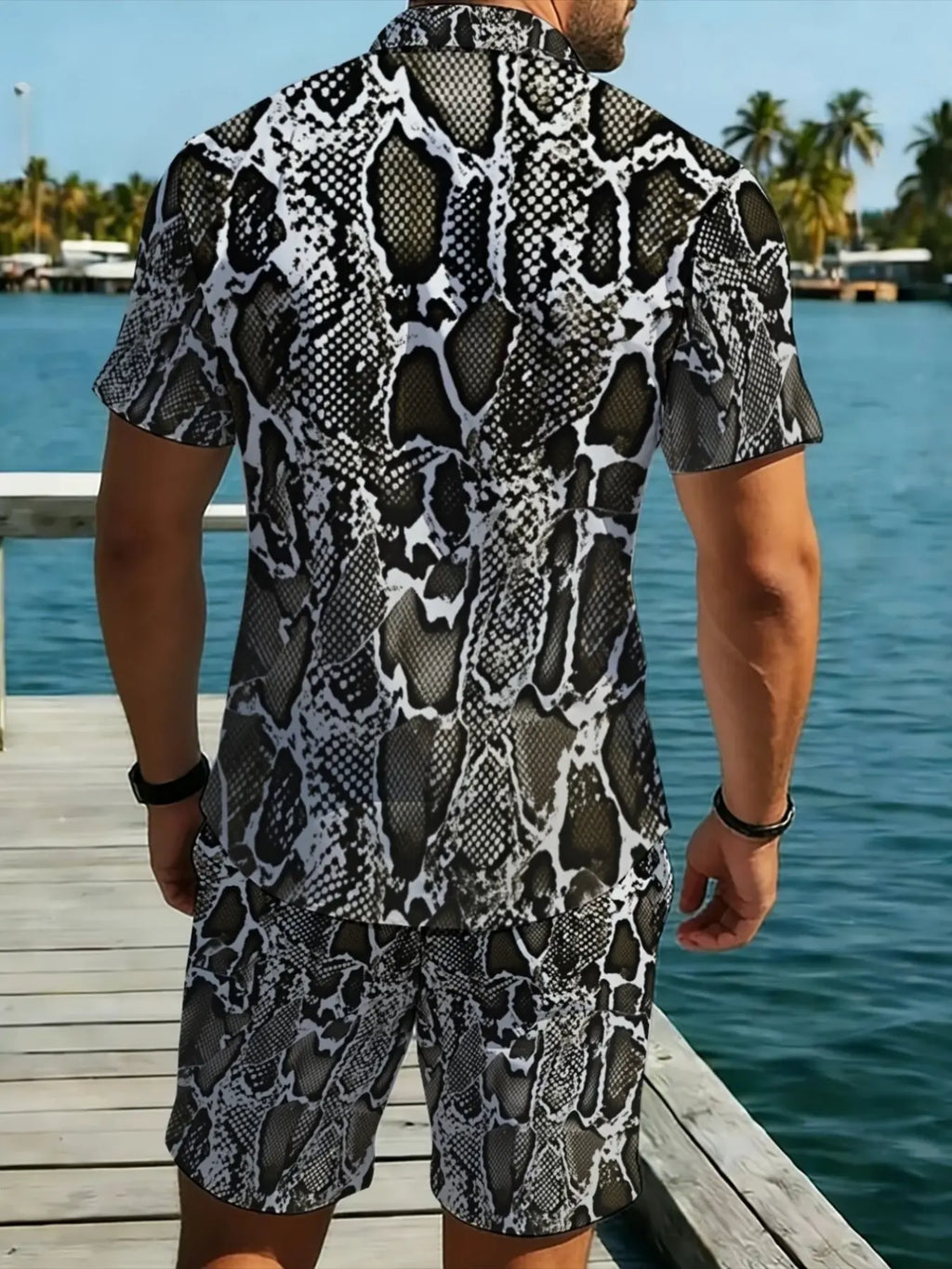 Men's Leopard Print Short Sleeve Collared Romper, Summer Tropical Casual Fashion Set, Breathable Comfort Trendy Piece, Slim-Fitting Graphic Blouse, Menswear, Clothing Sets