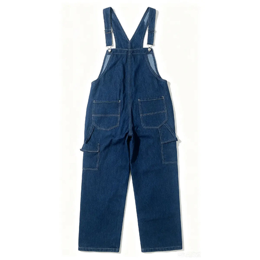 Men's Dark Blue Classic Menswear Denim Overalls - Slim Fit Straight Pants, Adjustable Straps, Breathable Fabric, Chic Preppy Minimalist Basics, Streetwear Workwear Jumpsuit, Summer Urban Essential