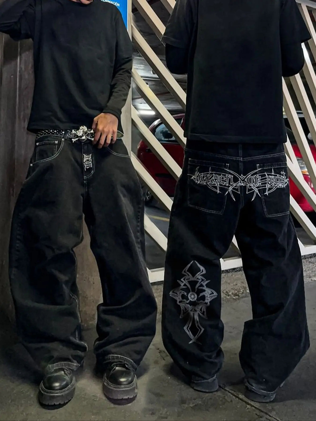 Y2K Street Hip-Hop Loose Fit Jeans, Fake Pocket Design Men's Denim Jeans, Skull Embroidered Winter Casual Trousers, Loose Denim Pockets, Halloween Gift, Jeans Bottoms