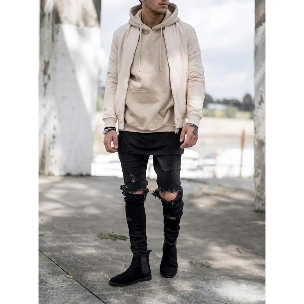 HUNGSON Men's Ripped Slim Denim Jeans - Soft Polyester-Cotton Fabric, Stretchy Skinny Fit, Breathable Distressed, Streetwear Plain Menswear Bottoms, Motocross Trousers (Denim Men's Ripped Jeans), Denim Men's Jeans sohochic