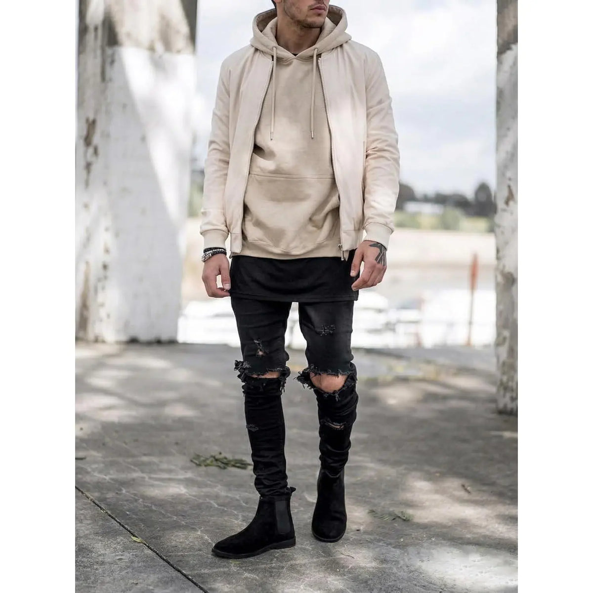 HUNGSON Men's Ripped Slim Denim Jeans - Soft Polyester-Cotton Fabric, Stretchy Skinny Fit, Breathable Distressed, Streetwear Plain Menswear Bottoms, Motocross Trousers (Denim Men's Ripped Jeans), Denim Men's Jeans sohochic