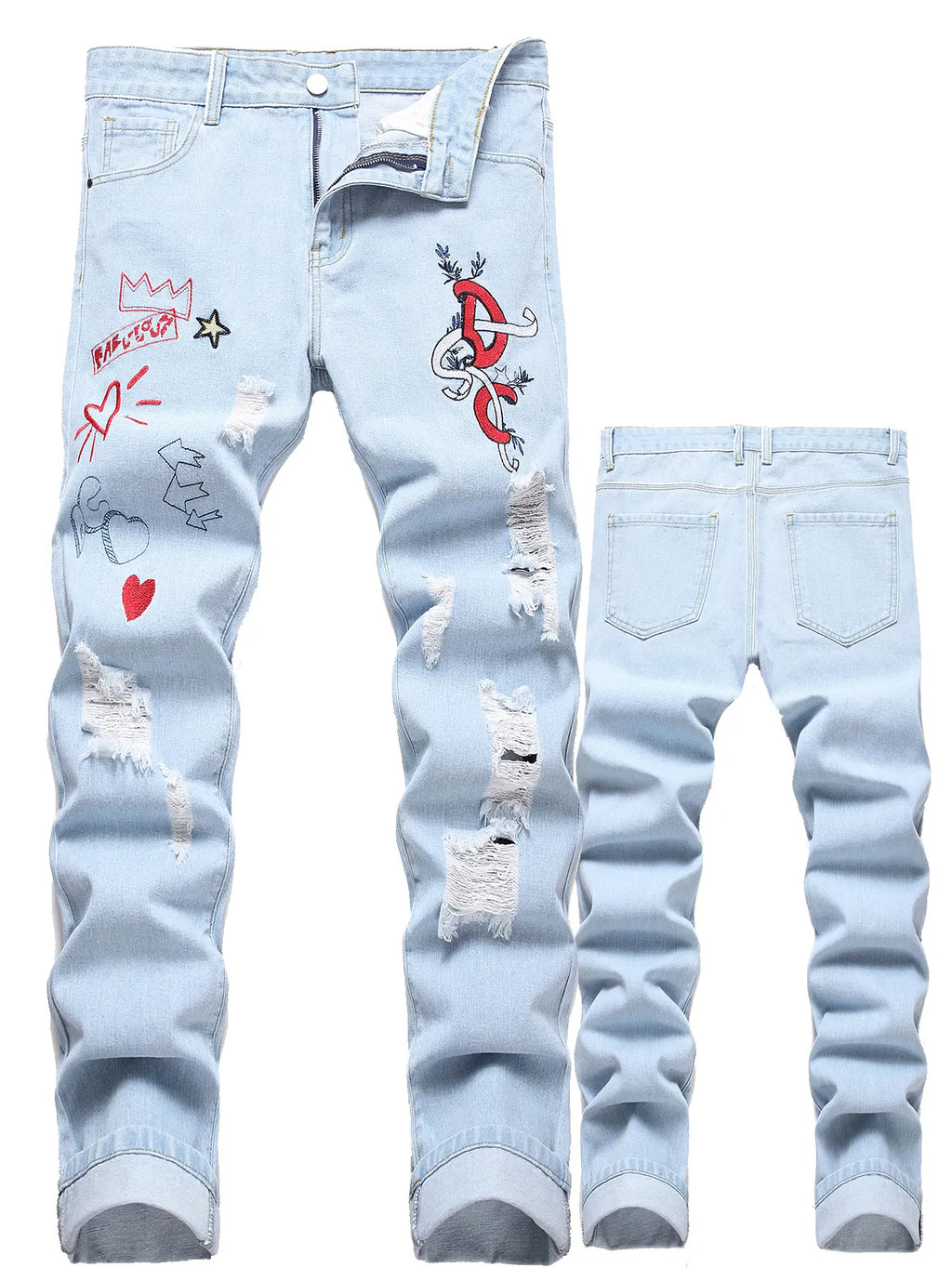 Men's Classic Cotton Distressed Retro Foldable Straight Leg Denim Jeans - 4-Season Comfortable Casual Bottoms with Zipper, Durable Fabric, Pockets, Embroidery, Buttons, Ideal for Retro Street, Halloween, Thanksgiving, Easter, Valentine's Day