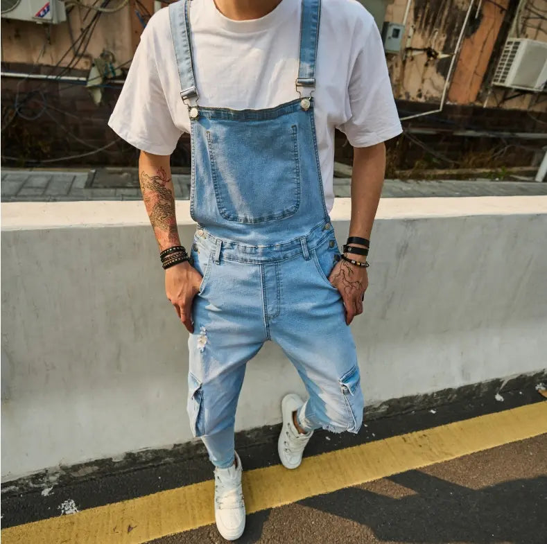SRETOUU Men's Plain  Button Denim Overalls, Casual Comfy Ripped Pocket Overalls for Daily Wear, Men's Overalls for All Seasons Beige Blue Casual Coveralls Menswear