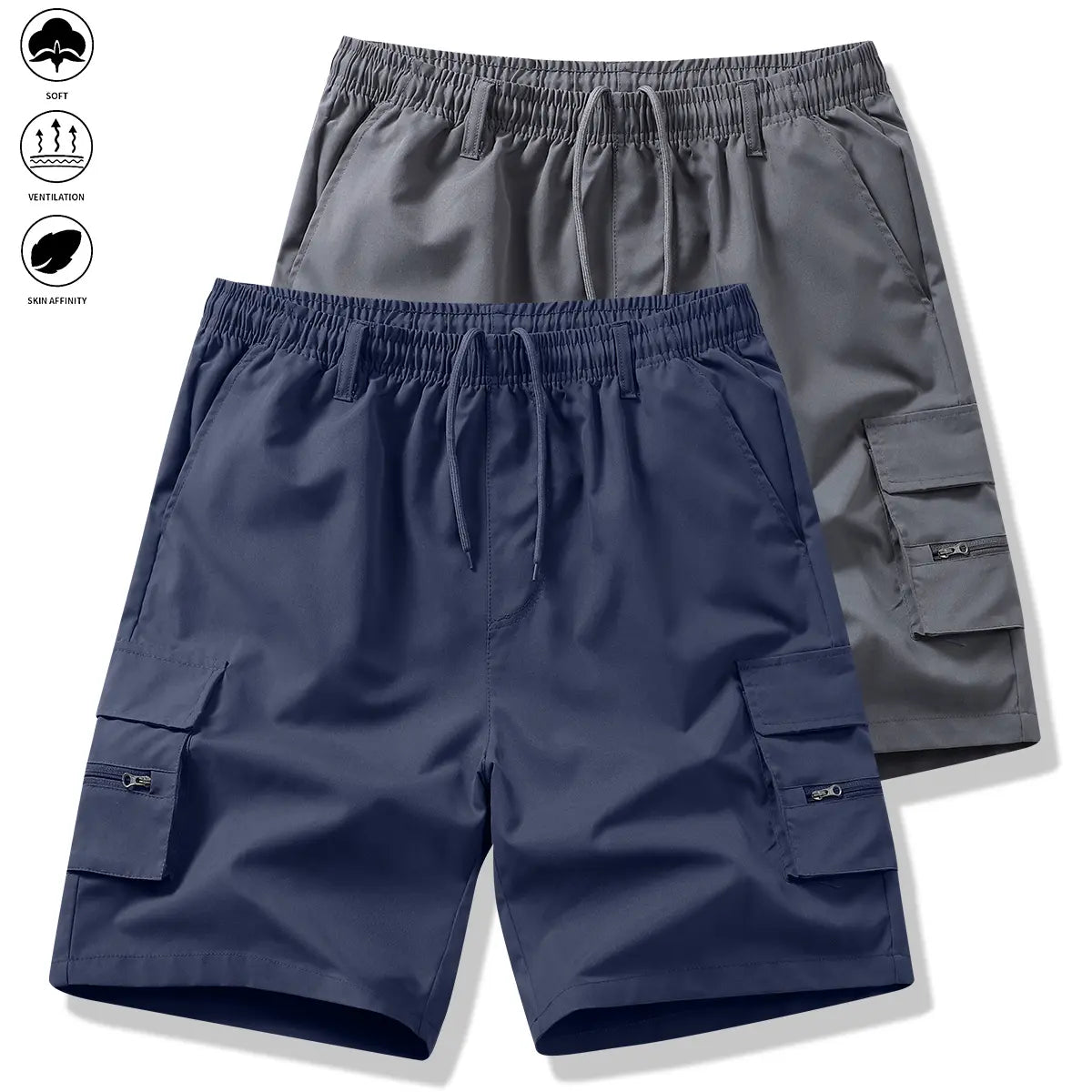 Men's 2-Piece Fitted Woven Work Jogger Shorts, Summer Trendy Casual Style, Multi-Pocket, Wear-Resistant, Wrinkle-Free, Tear-Resistant, Comfortable, Breathable, Stylish, Versatile, Elastic Drawstring