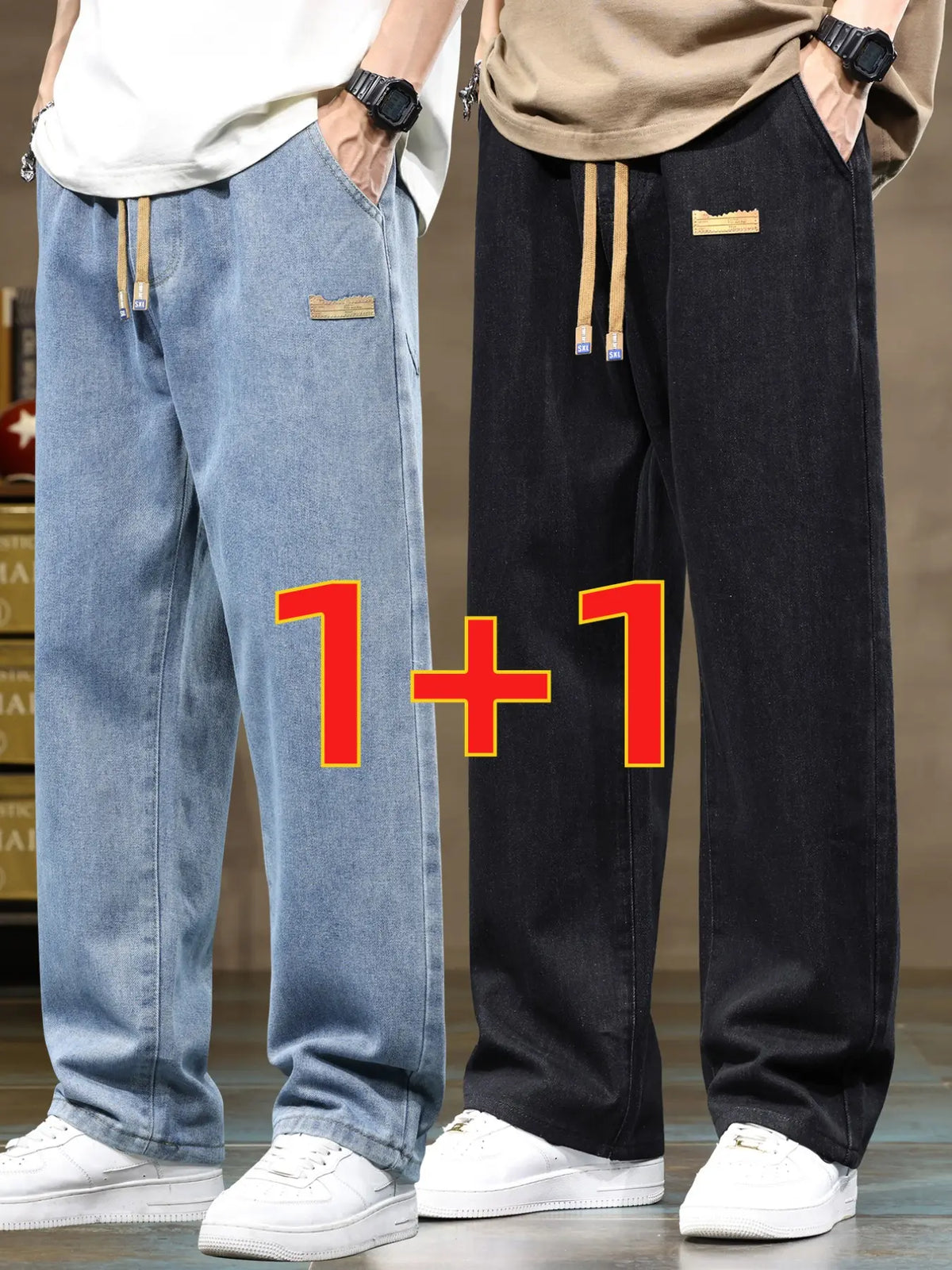 Men's drawstring elastic waist straight leg Pocket jeans solid color casual versatile non stretch denim pants, fit straight leg version, suitable for all seasons