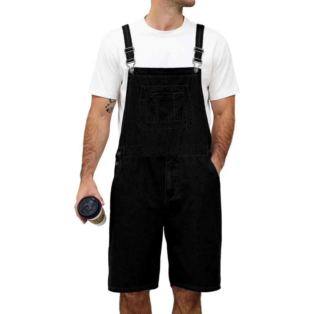 Men's Sleeveless Plain Denim Bib Overall Shorts - Casual Loose Fit Utility Work Jumpsuit with Multi-Functional Pockets (Bib, 2 Side, Cargo, 2 Back), Zip, Standard Sizes for Summer Menswear, 2 Side Pockets