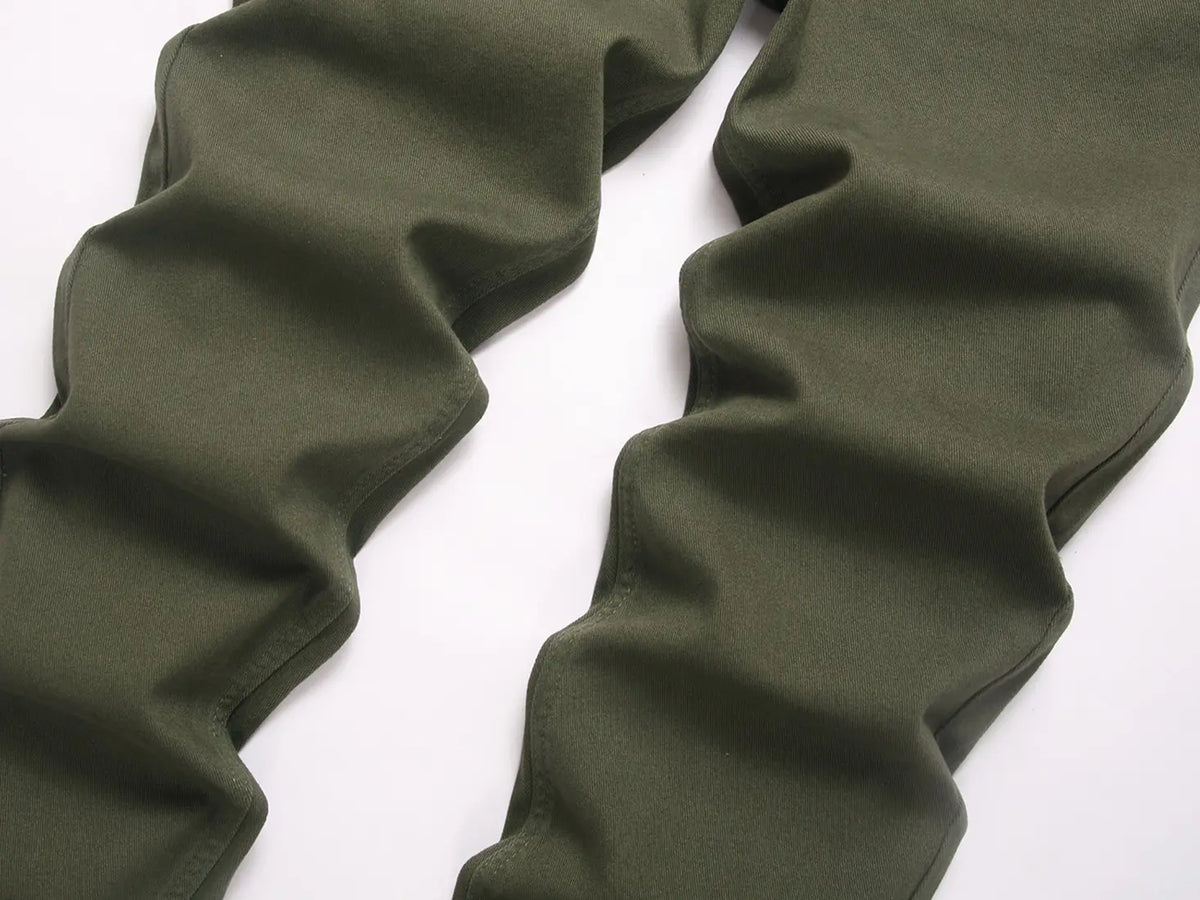 Men's Chic Solid Plain Military Green Cargo Pants - Adjustable Straps, Durable Fabric, Loose Straight-Leg, Year-Round Outdoor Casual Long Menswear Bottoms with Suspender Buttons, Multi-Size