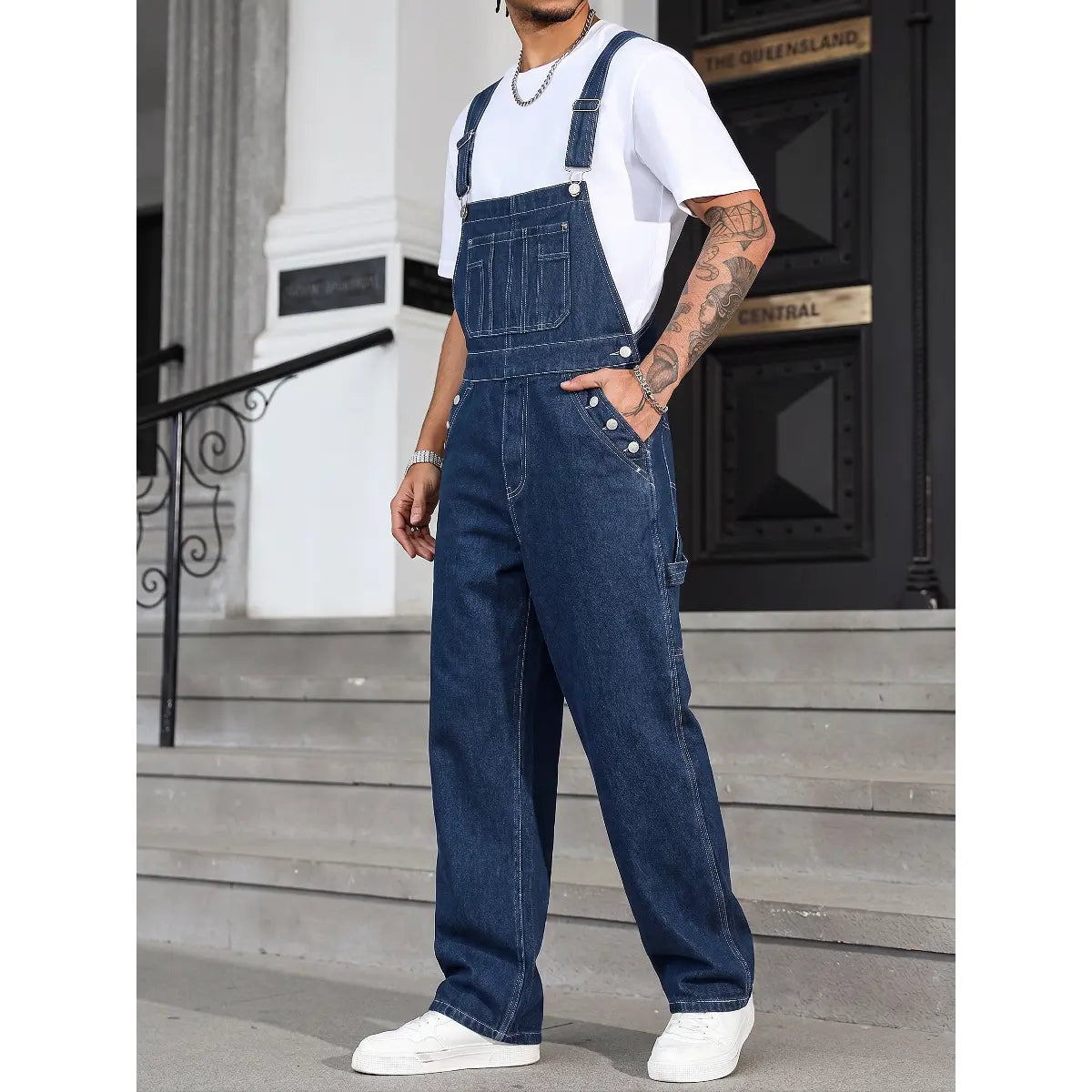 Men's Dark Blue Classic Menswear Denim Overalls - Slim Fit Straight Pants, Adjustable Straps, Breathable Fabric, Chic Preppy Minimalist Basics, Streetwear Workwear Jumpsuit, Summer Urban Essential