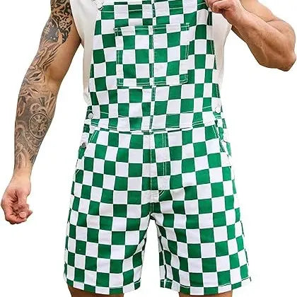 OPDNBON Christmas Checkered Bib Overalls for Men and Women Thanksgiving Stretchy Denim Adjustable Straps Jumpsuit Shorts Work Coveralls Football Game Outfits Spring Fashion Menswear Womenswear