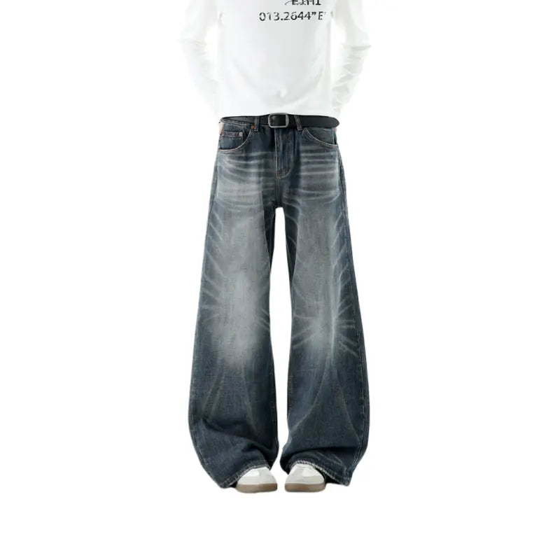 Men's Retro Chic H-Type Wide Leg Denim Jeans - Ombre Wash, Loose Fit, Side Pockets, No Skin-Tight Design, Casual American Streetwear Male Clothing Bottoms