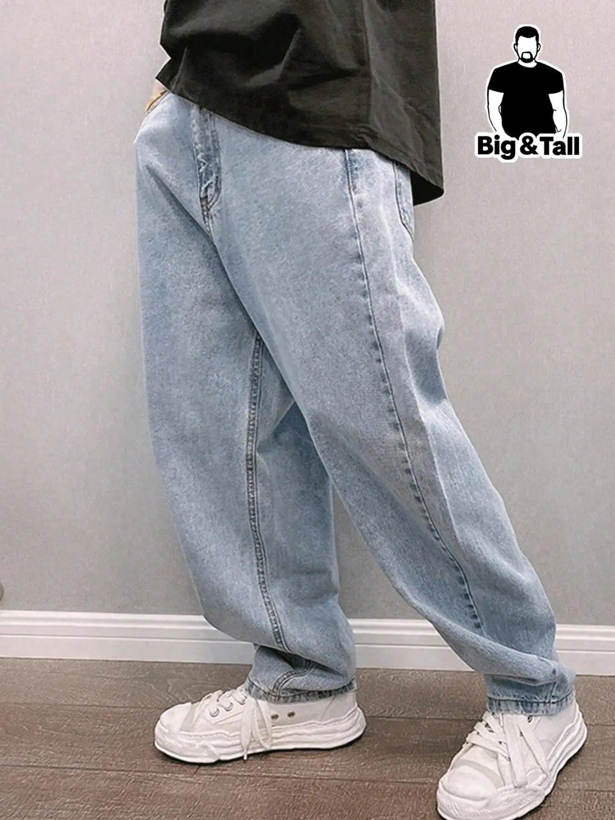 Men's Loose Baggy Straight Leg Design Vintage Washed Denim Light Blue Wide Leg Jeans, Plus Size Friendly, Oversize, Comfortable Casual Pants for All Seasons