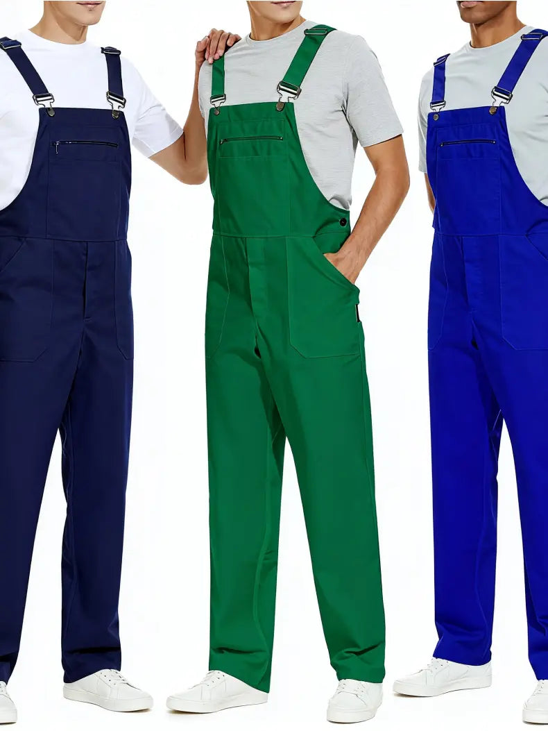 WORK IDEA Men's Cotton Overalls with Straps & Buckle, Comfortable Skin-Friendly Durable Plain Soft Fabric, 8 Functional Pockets, Elastic Waistband, Easy On/Off Workwear Uniforms (Black, Beige) for Outdoor Activities (Pair with T-Shirt)