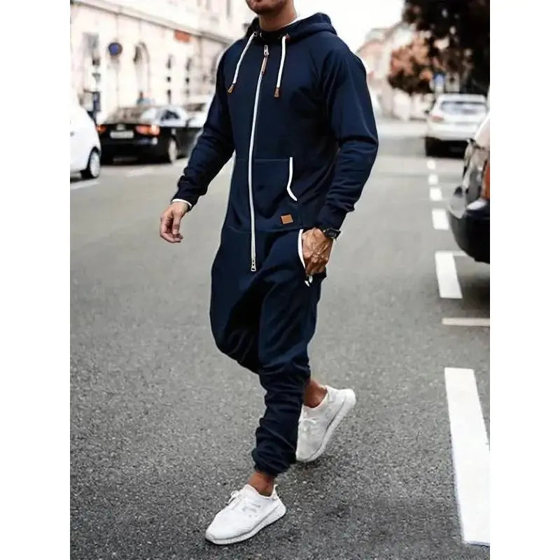Set of 1 - Men's Hooded Fleece Lined Jumpsuit, Long Sleeve Full Zip Jumpsuit with Kangaroo BagGift
