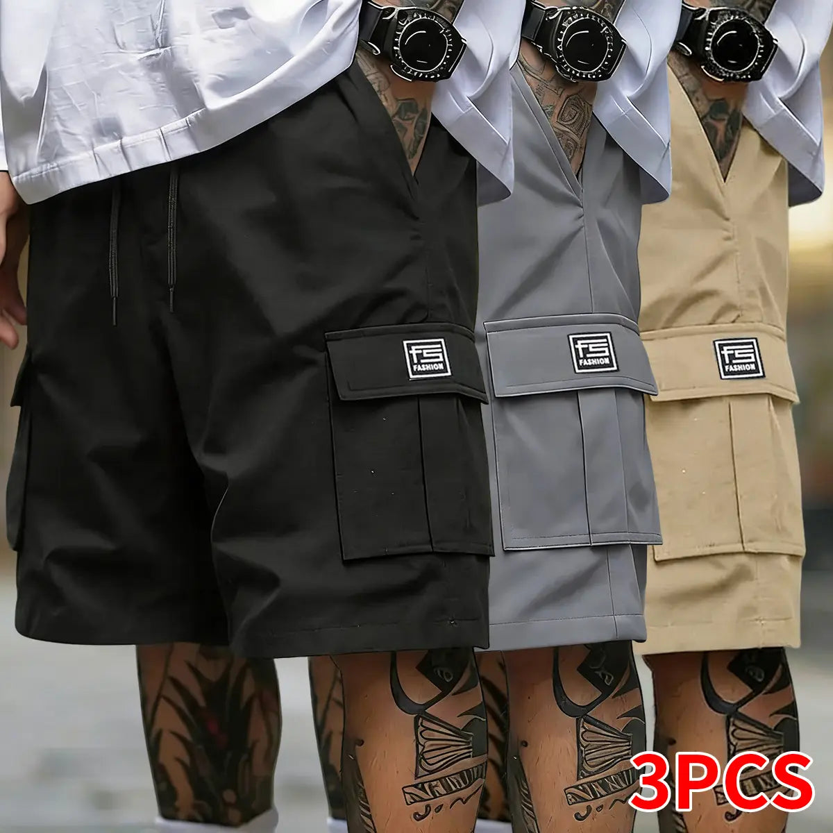 Men's 3-Pack Oversize Woven Cargo Shorts - Solid Color, Multi-Pocket Design, Adjustable Drawstring, Casual Fit, Dry Clean Compatible, Available in XL Size