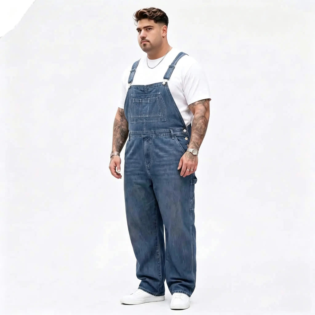 Men's Big & Tall Solid Heavy-Duty Denim Bib Overalls - Menswear Baggy Overalls, Loose-Fit Full Length Straight Leg Workwear Jumpsuit, Adjustable Strap, Multi Pockets, All Seasons, Machine Wash, Work Casual Plain Denim Do Not Bleach