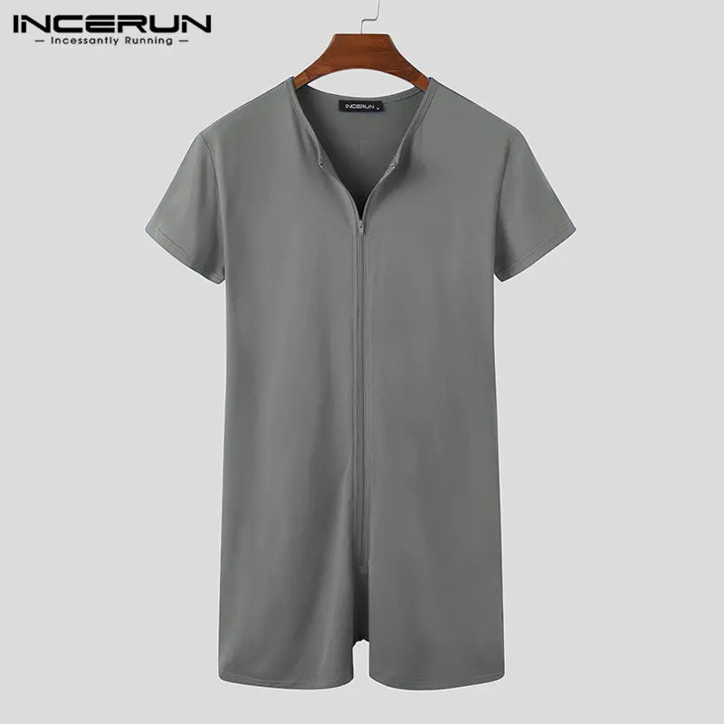 INCERUN Men's Basics Short-Sleeve Velvet Fabric Overalls Jumpsuit - Menswear Comfortable Stretch Sleepwear, Men's Home Loungewear Leotard
